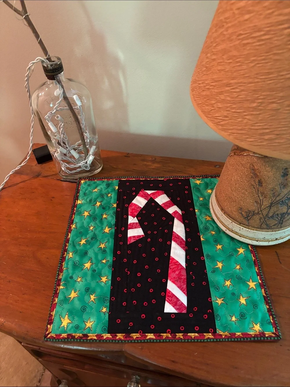 Holiday Candy Cane Quilted Table Topper - Green and Red